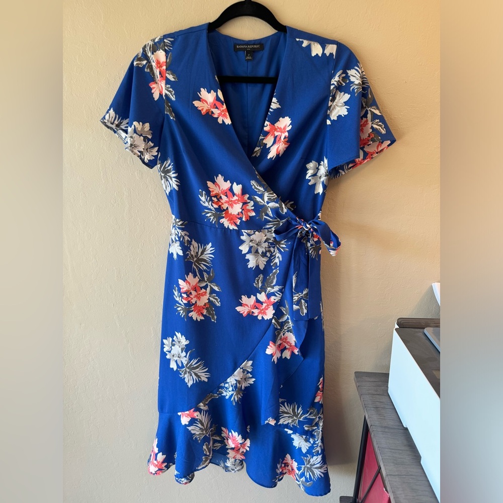 Banana Republic Blue Floral Wrap Midi Dress